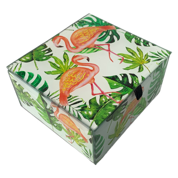 Value Arts Other - Flamingo Keepsake Box Jewelry & Trinkets, Beveled Glass, Hinged Lid, Lined 4"SQ